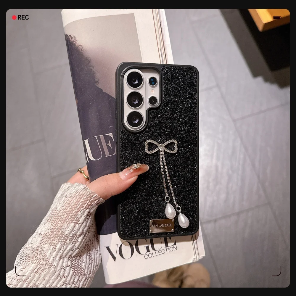 Elegant Diamond Bowknot Pearl Pendant Glitter Phone Case with Shockproof TPU Bumper