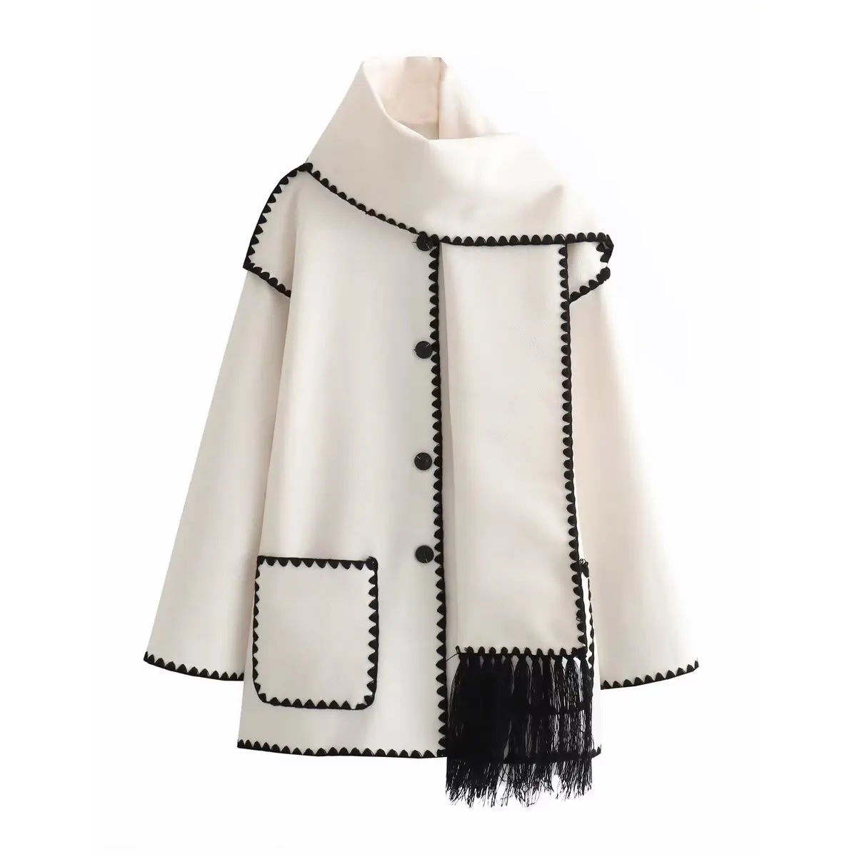 Women Coat Fall Winter Lady Long Sleeve Front Button Scarf Decoration Splicing Chic Tops Outwear Woolen Women'S Jackets Coat