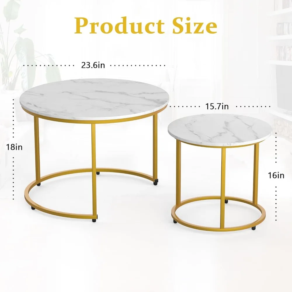 2-piece Nested Table Set, Living Room Circular Coffee Table with Golden Metal Frame, Marble Patterned Nested Table 3