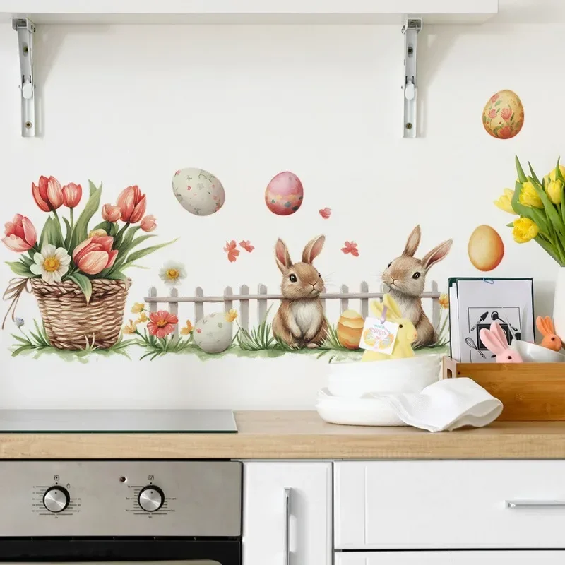 Easter Removable Wall Stickers Bunny & Basket Decor Self-Adhesive PVC Decals for Bedroom/Dorm No Residue Home Decor