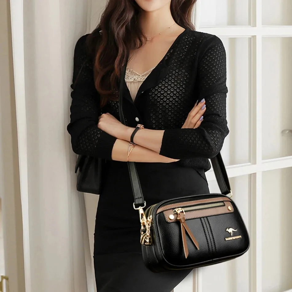 حقيبة كتف جلد طبيعي للسيدات، بتصميم ثلاثي الطبقات،...