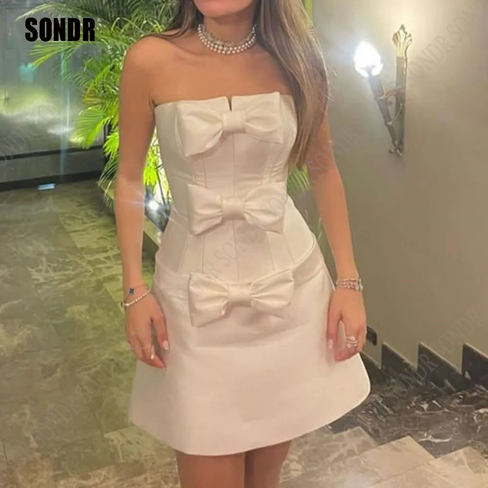 

SONDR Luxury Strapless Satin Mini Wedding Dresses 2024 Formal Club A Line Women Beach Cocktail Bride Bridal Gowns 3D Bow