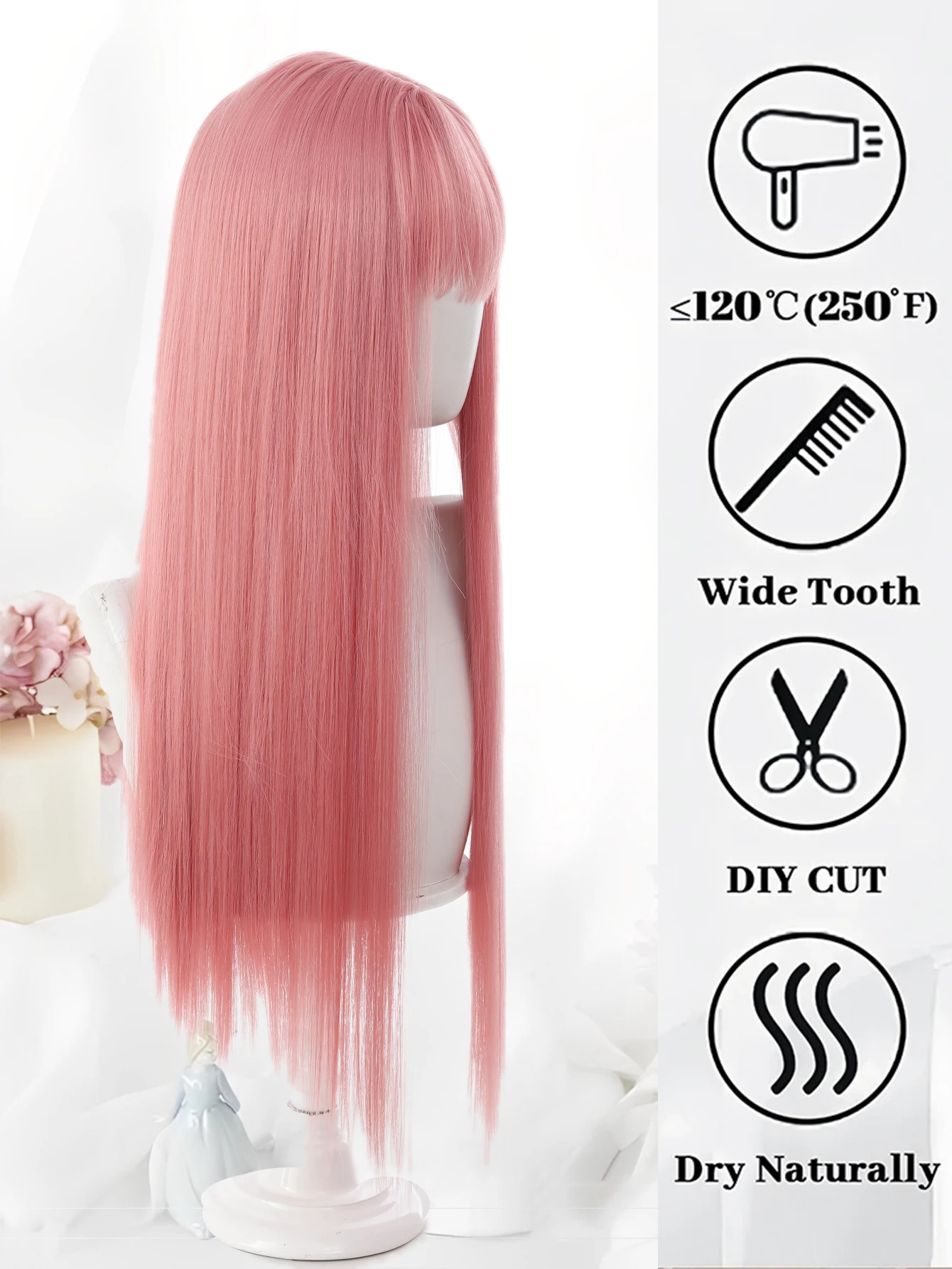Pink Synthetic Straight Hair Wig For Women Cosplay