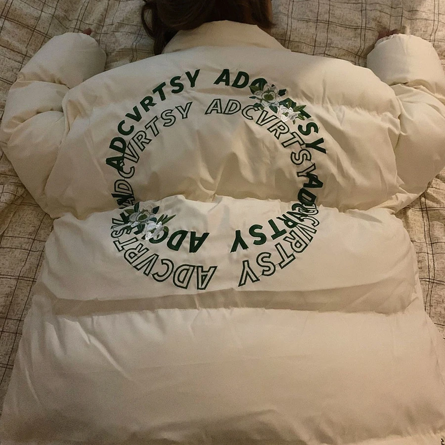 

Vintage European Streetwear Puffer Jacket Hip Hop Cute Flower Letter Printed Parkas Men Women Loose Winter Coat Harajuku Casual