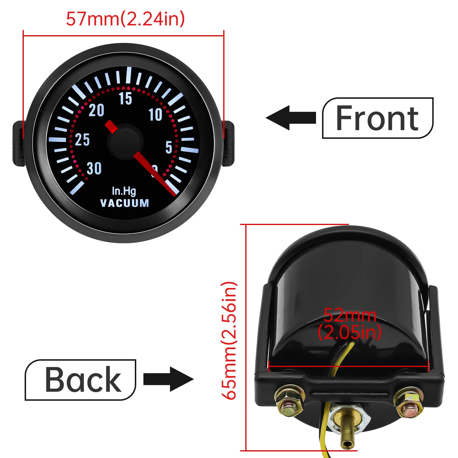 52mm Car Vacuum with Sensor-30~0 In.Hg Gauge Universal Air Press Gauge Pointer Meter Smoke Len White LED for Gasoline Car 12V