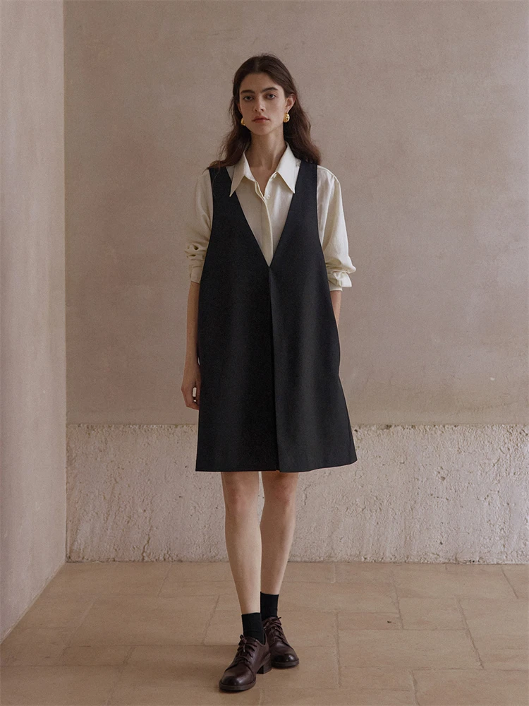 New Trendy 2025 Autunno Donna Scollo a V Abito in lana Lady Comodo Loose Fit A Line Abiti Marchio di abbigliamento MY0007 1