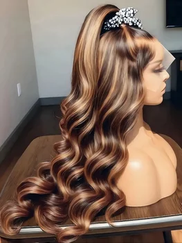 34 Inch 200% Density Honey Blonde Human Hair Wigs 13x4 HD Highlight Body Wave Lace Frontal Wigs Pre Plucked Glueless For Women 1