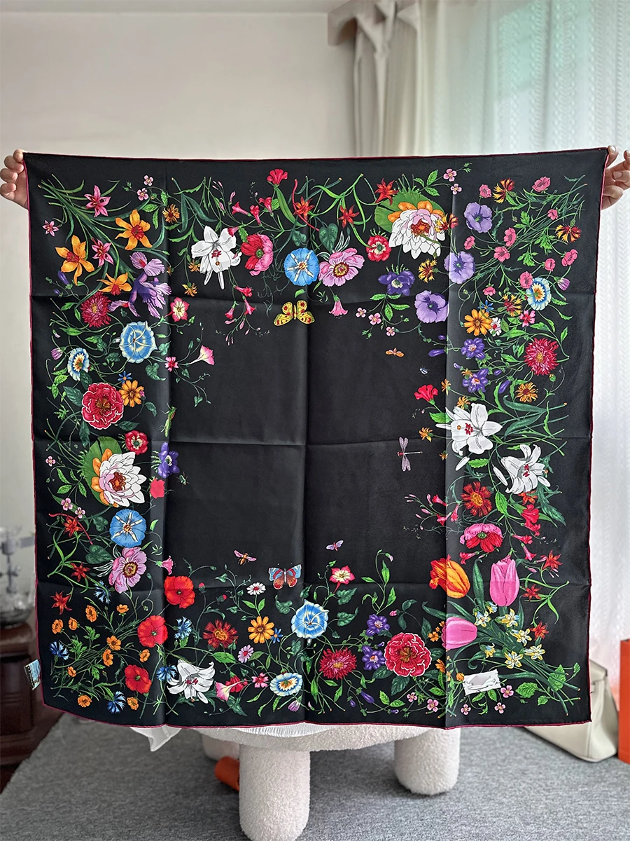 Gucc * 스카프 식물 및 꽃 스카프, 패션 디자인, 능직 실크 숄, 인기있는 프린트, 따뜻한 히잡 럭셔리 브랜드, 90*90cm 실크