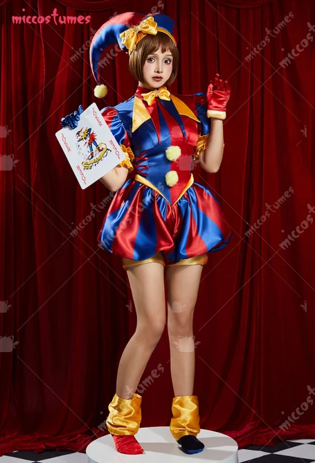 Damen Clown Cosplay Kostüm Harlekin Jumpsuit und Hut mit Handschuhen und Socken 17