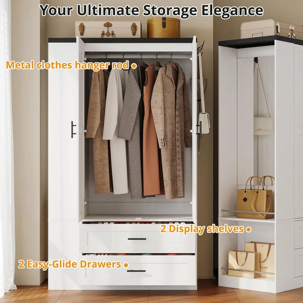 Armoire Wardrobe Closet with Large Mirror, Storage Cabinet with 2 Doors and 2 Drawers, 2 Storage Shelves, 70" Wardrobe Cabinet