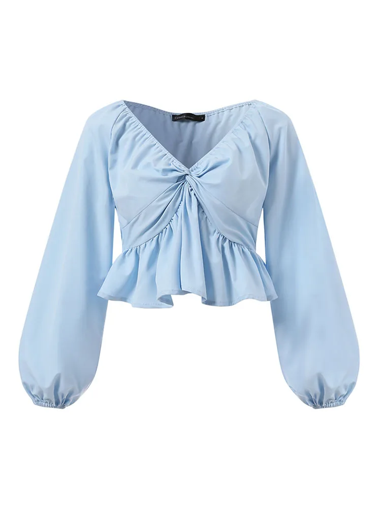 Celmia Summer Off Shoulder Shirts 2022 Women Sexy Puff Long Sleeve V-neck Ruffles Blouses Twisted Pleated Short Tops Streetwear