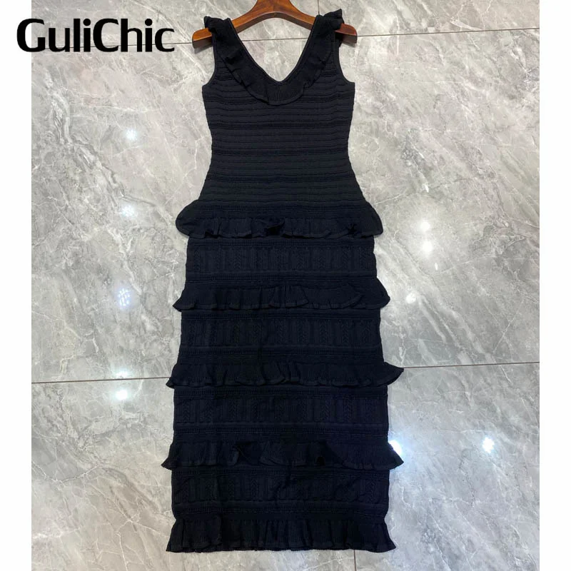 

11.10 GuliChic Women Fashion Ruffles Knit Dress High Quality Solid Color Elegant V-Neck Sleeveless Slim Dresses Lady