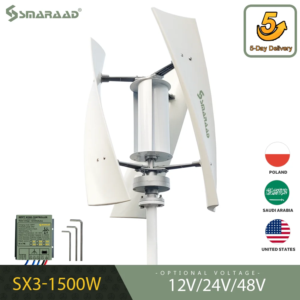 SMARAAD U.S.A โปแลนด์ส่งเร็ว Wind Turbine 1500W แนวตั้งเครื่องกำเนิดไฟฟ้าแม่เหล็กถาวร Suspension ลมต่ำเริ่มต้น 1
