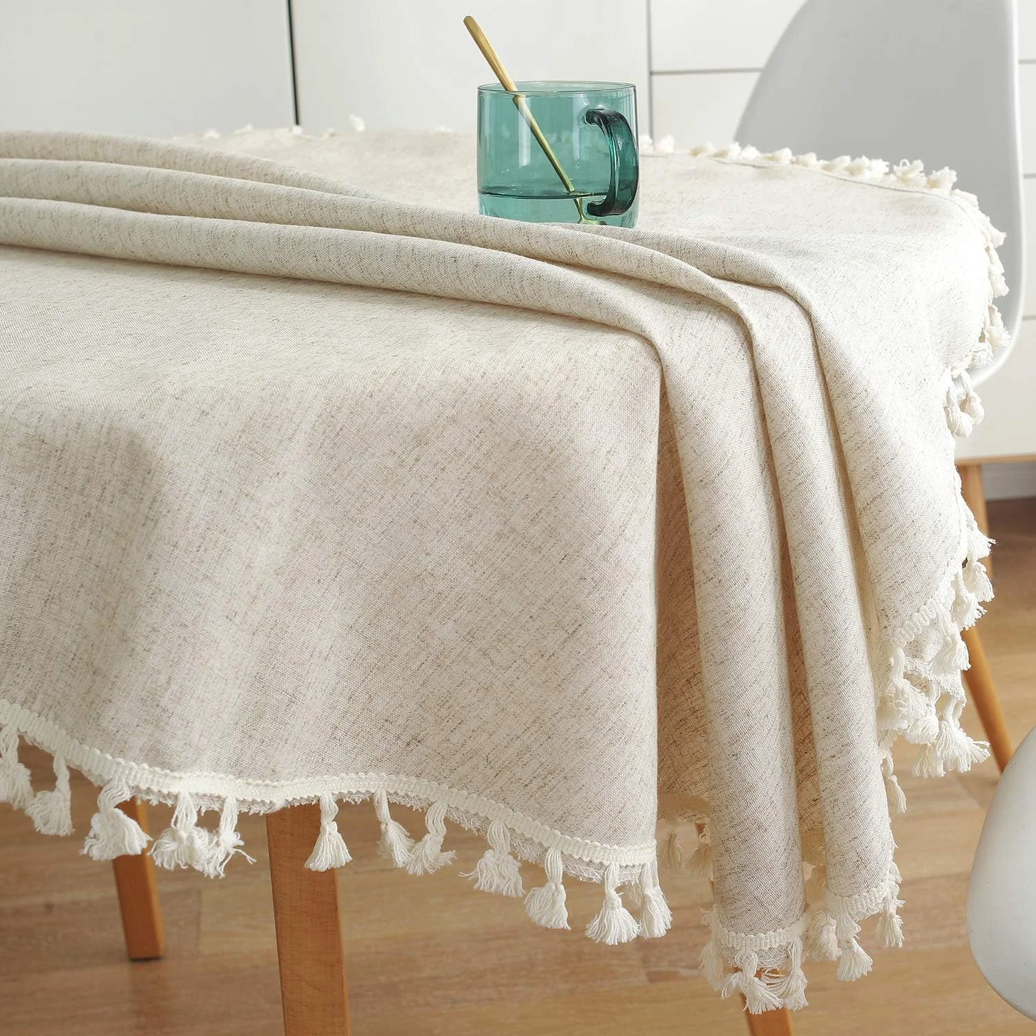 Elegant Cotton Linen Tablecloth with Tassel Edge - Stylish, Dust-Proof, and Shrink-Proof Solid Color Dining Table Cover