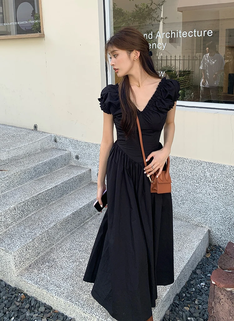 Casual Solid Midi Dresses for Women Korean Chic V-neck Backless High Waist Puff Sleeve A-line Party Dress Summer Vestidos Mujer
