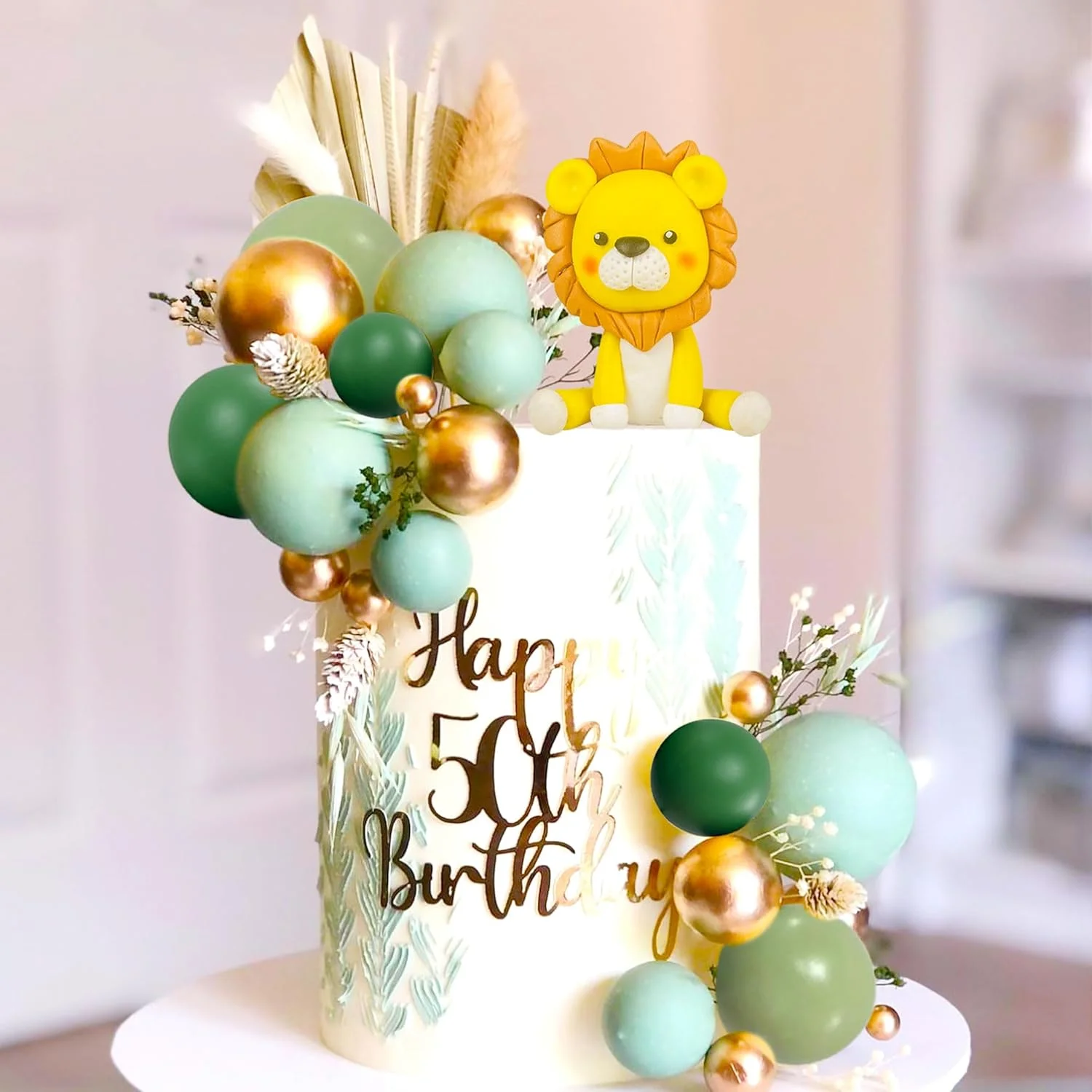Cake Toppers 21pcs Lion Cake Topper Sage Green Cake Topper Balls for Wild One Birthday Decoration Jungle Theme Baby Shower Decoration