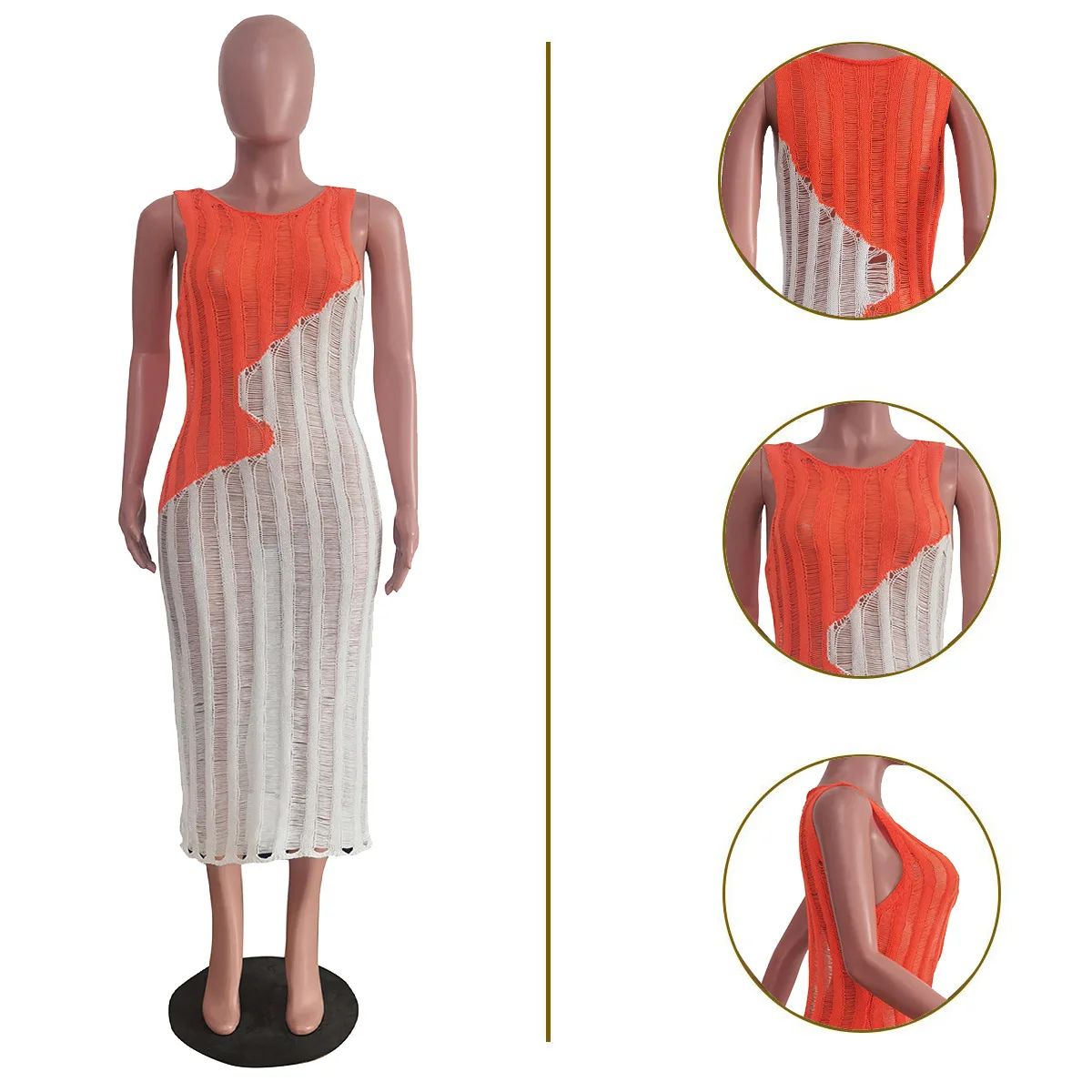 Summer Knit Female Beach Dress Color Blocking Sleeveless Midi Dresses Sexy Perspective Bikini Outer Cover Ups for Swimwear Women