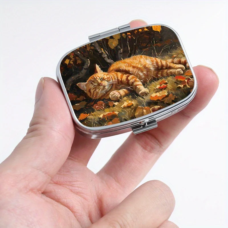 Orange Pattern Printed Square Medicine Box, Pocket Wallet Compartment Portable Medicine Box, Travel Metal Storage Box
