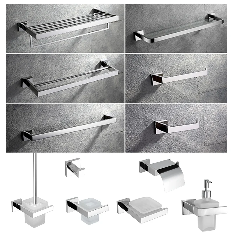 Square Stainless Steel Chrome Bathroom Hardware Set - Includes Towel Rack Towel Bar Tissue Holder Robe Hook for Bath Decor