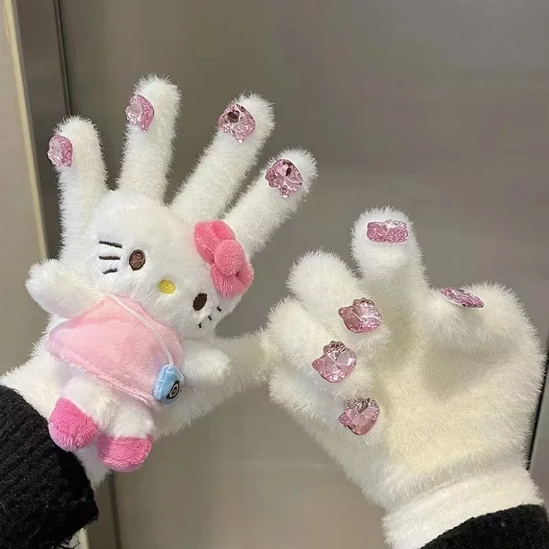 

Sanrios Hello Kittys аниме кавайные самодельные перчатки с бриллиантами для зимы теплые норковые меховые милые велосипедные перчатки рождественские подарки