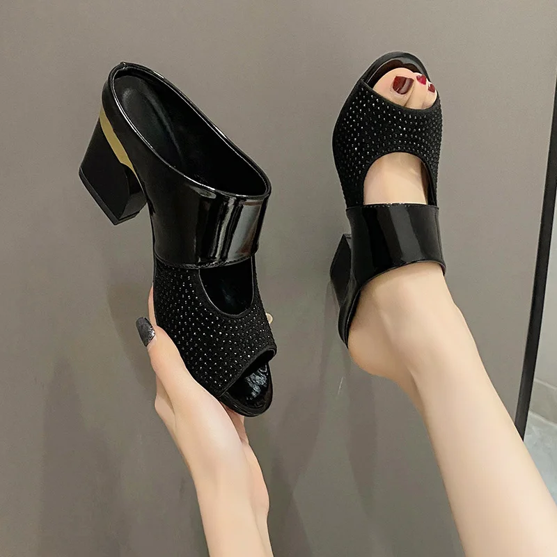 Women Sandals Square Heel 2023 Summer Shoes Woman Fashion Slides Cut-out Open Toe Slip on Mothers Sandal Female Bling Slippers