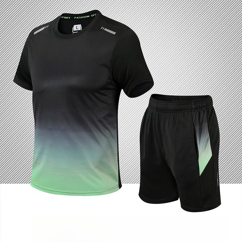 Summer Men's Sports Suit Gradient Quick Drying Thin Short Sleeve Shorts Two Piece Set Fitness Running Training Sportswear