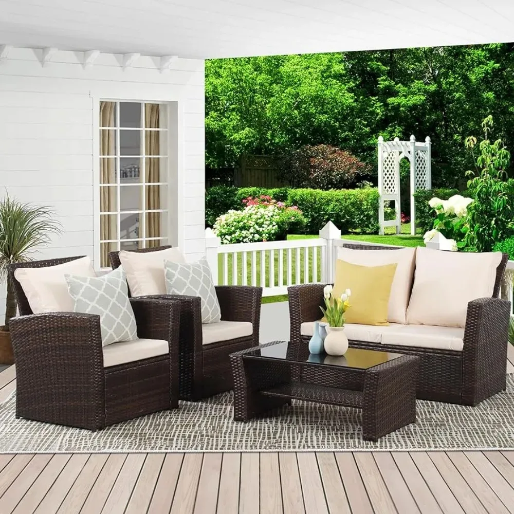 

Outdoor Furniture Set of 4 Pieces,Wicker Rattan Couch Dining Table & Cushion,Outdoor Furniture Set