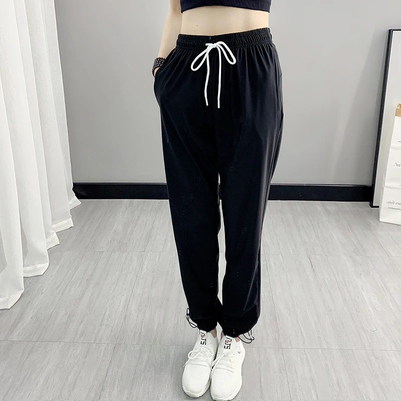 Summer Ice Silk Quick Dried High Elastic Sports 9-Point Trousers Women'S Thin Versatile Casual Harlan Mosquito Proof Pants