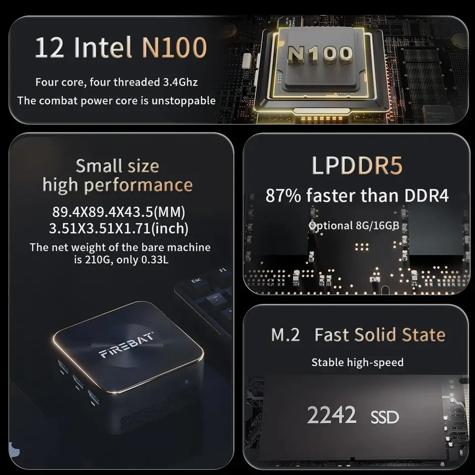 Mini PC FIREBAT Intel N100 - 16 Go RAM, 512 Go SSD, WiFi 5, Double HDMI 4K, Montage VESA