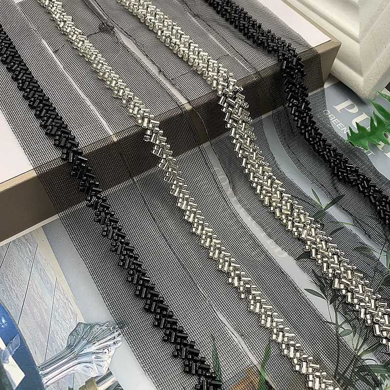 1Yard Silver Black Beaded Lace Trim Tape Fabric Ribbon DIY Collar Sewing Garment Headdress Net Yarn Lace Materials