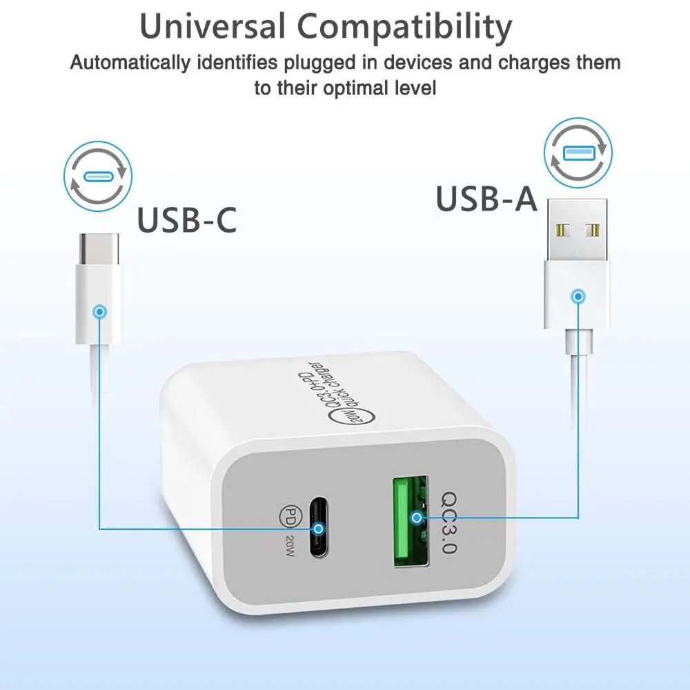 

Double Port Charger Adapter For iPhone 14 13 12 11 XR 8 20W Fast Charger Block USB Type C Wall Power Adapter AU EU UK US