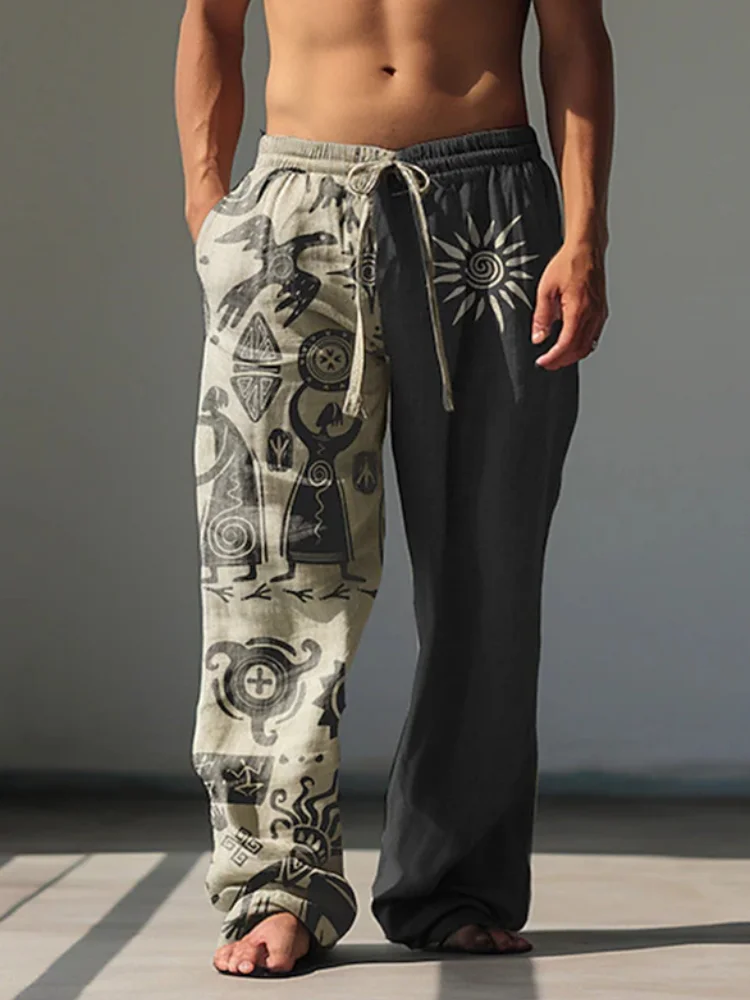 الرجعية طباعة سراويل تقليدية رجالية تنفس فضفاضة تناسب واسعة الساق السراويل أنيق في الهواء الطلق الشارع الشهير الرباط الراحة بنطلون