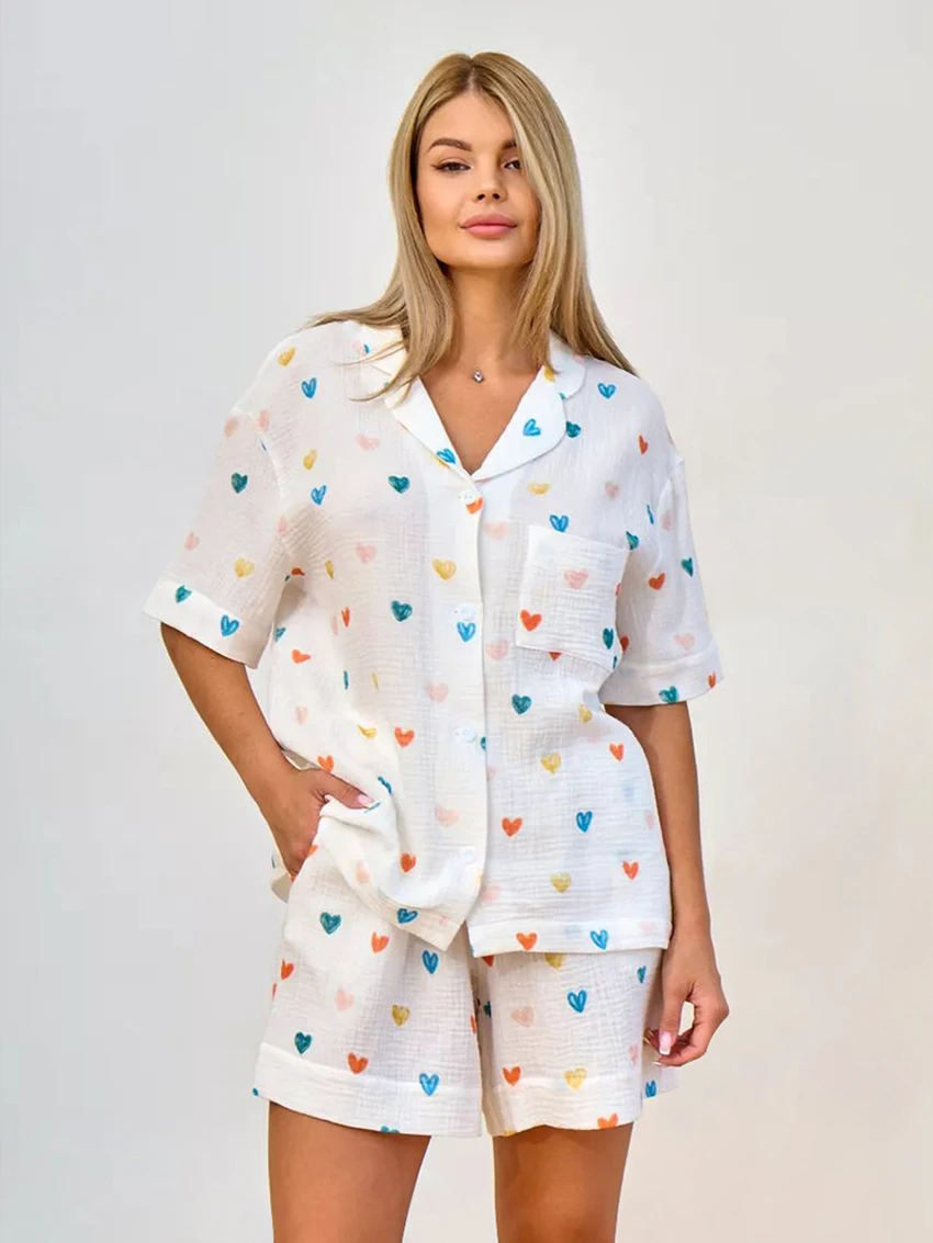 Marthaqiqi Printing Women Sleepwear Set Sexy Turn-Down Collar Pajama Short Sleeve Nightgowns Shorts Casual Ladies Nightwear Suit