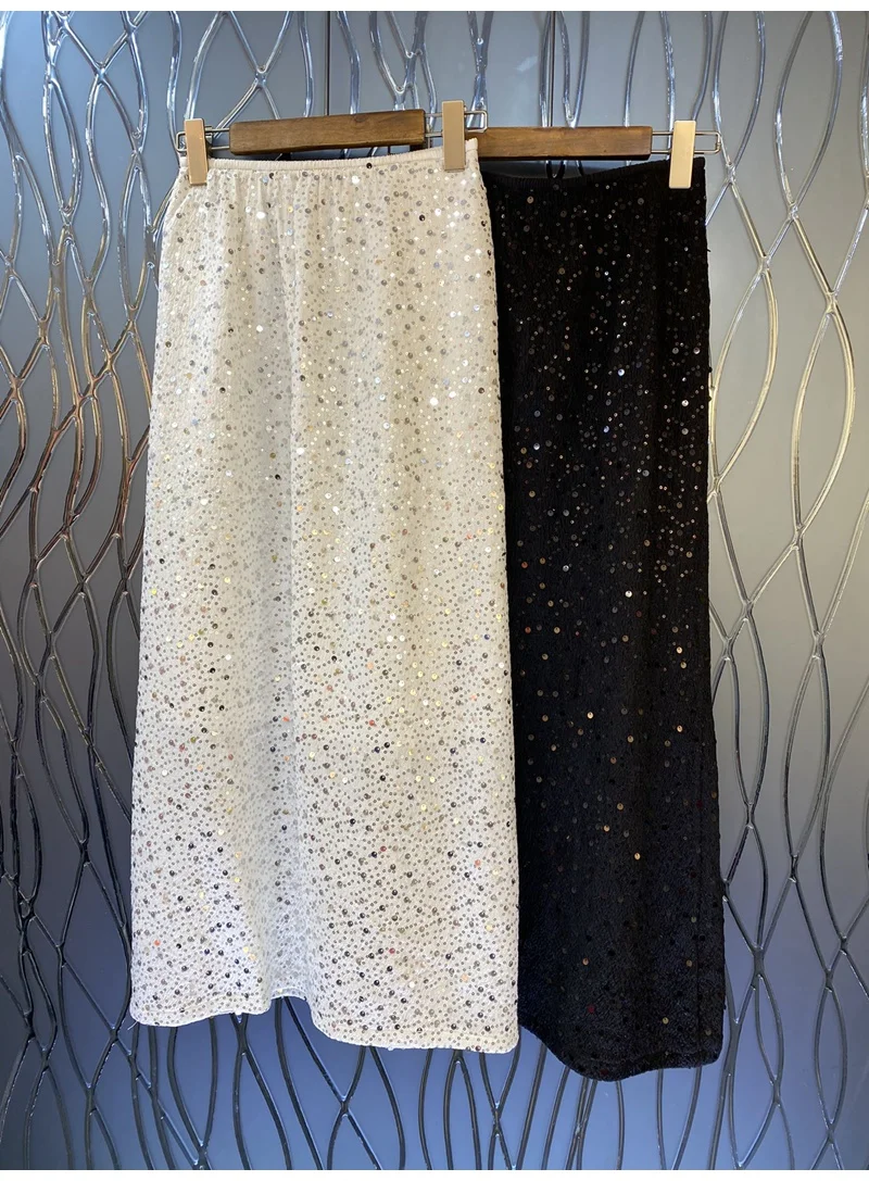 

Sequined Skirts 2023 Spring Summer Party Club Skirts High Quality Women Elastic Waist Allover Sequined White Black Shine Skirt