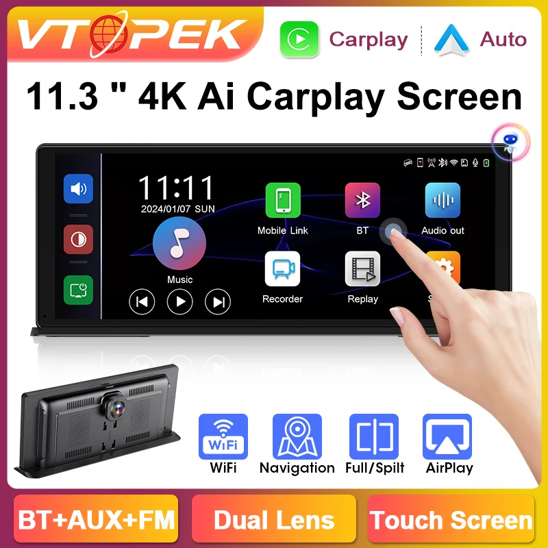 Vtopek Wireless Carplay Android Car Display 10.26 inch Carplay Display with 2.5K Dashcam 1080P Rear View Camera Portable Driveplay Carplay with Dual Bluetooth 5.0/Mirror Link/Siri &Google