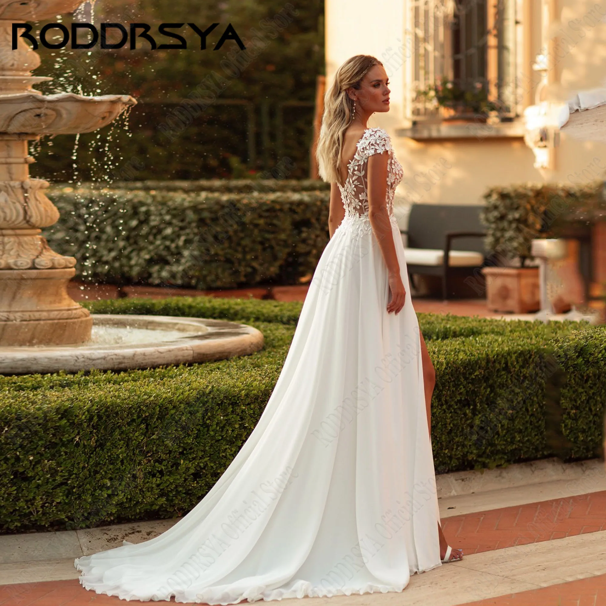 RODDRSYA Wedding Dress Chiffon Cap Sleeves Applique Double V-Neck Bride Gowns Side Split Vestidos Novias Boda Sweep Train Custom 2