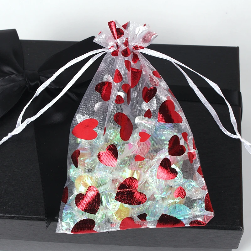10/25Pcs 8x10cm 9x12cm Heart Printing Drawstring Organza Bags Jewelry Candy Packaging Bags Wedding Party Gifts Pouches