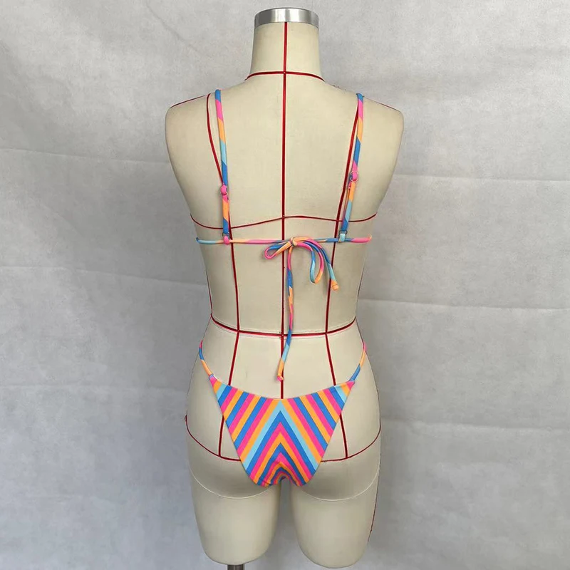 BEACHCICI Women Bikini Two Piece Summer Sexy Suspender Striped Printed Lace Up Backless Slim Beach Vacation Swimwear Swimsuit
