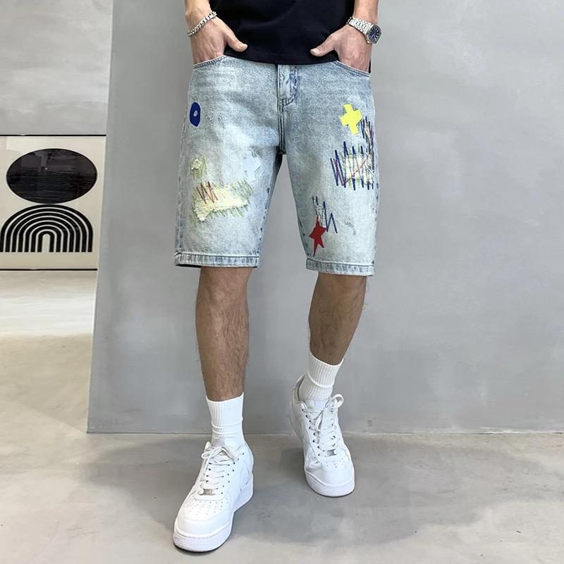 

Embroidered Hole Torn Summer New Men'S Washed Denim Trendy Capris Loose Straight Leg Versatile Casual Pants