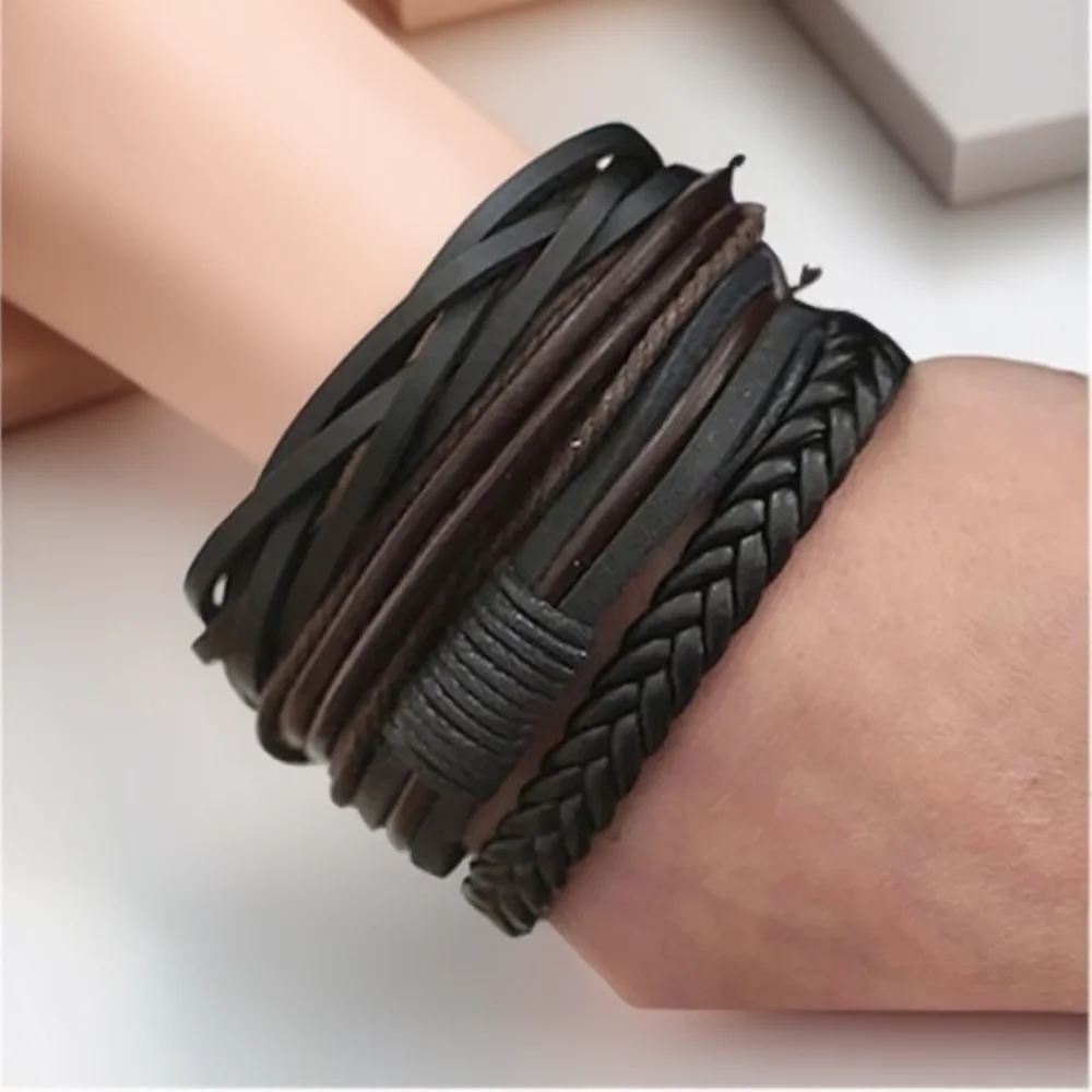 Men's Stylish Leather Bracelet Set - Fashionable Bangles Jewelry Gift