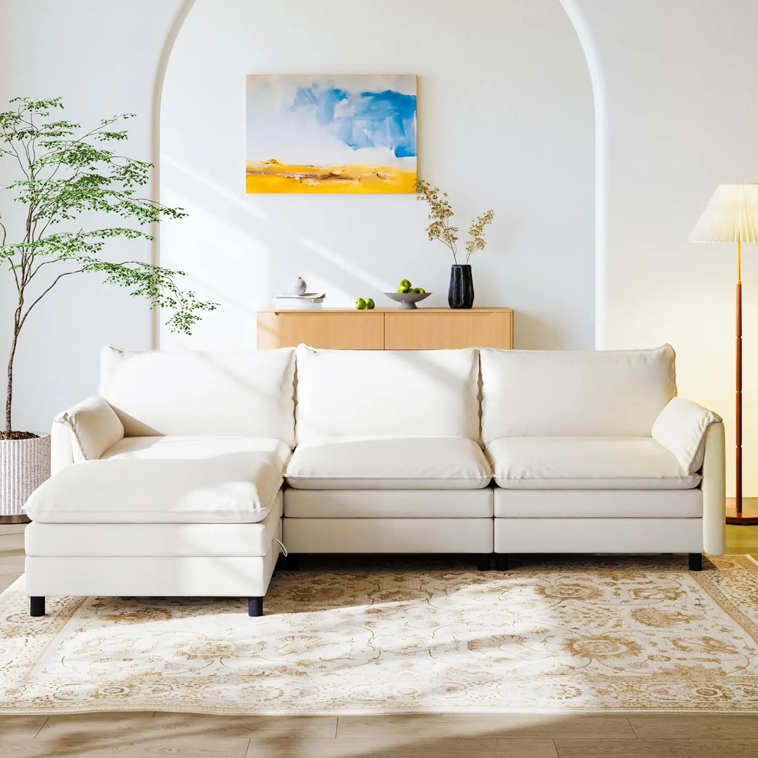 L-Shaped Sectional Sofa with Storage Ottoman, 3-Seat Comfy Chenille Couch for Living Room, 100.4", Customized