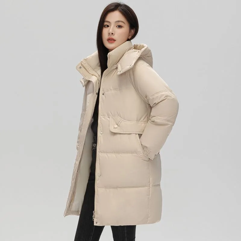 2023 New Women Down Jacket Winter Coat Female Mid Length Version Parkas Loose Large Size Thick Outwear Hooded Versatile Overcoat women white duck down jacket winter coat female mid length version hooded parkas loose large size outwear warm thick overcoat