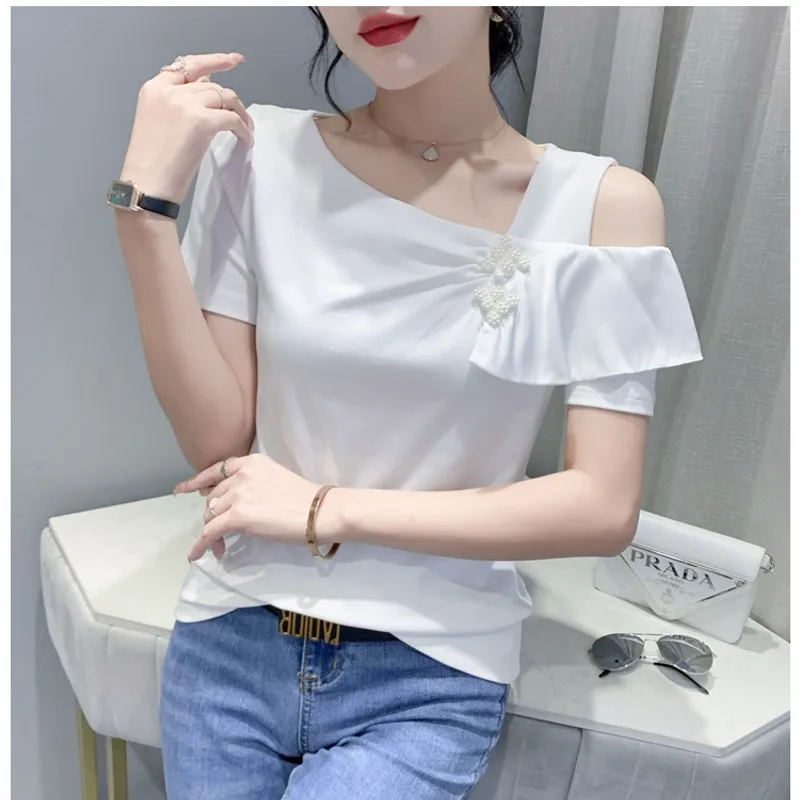 

T-shirt Women's Summer Korean One Off Shoulder Hanging Strap Short sleeved Tees European Clothing
