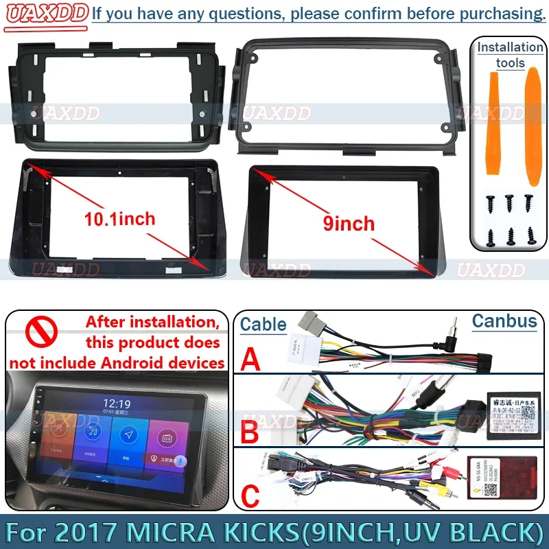 10-Inch Android Stereo Frame Panel with Dashboard Cable Harness and Navigation Adapter