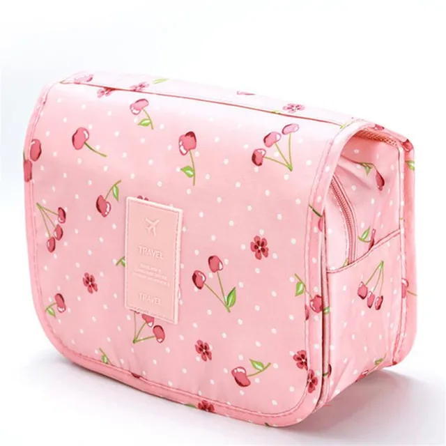 Nylon Hook Up Cosmetic Bag Women Travel Toiletries Storage Bag High Quality Waterproof Makeup Pouch Ladies Make-up Beauty Bag Pink cherry
