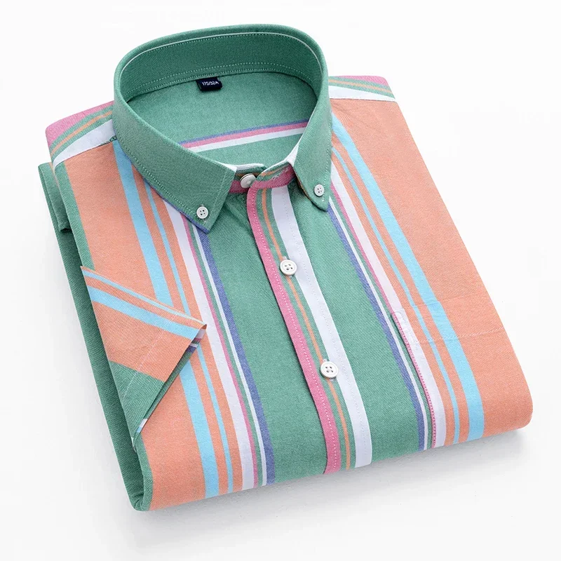 2024 100% Cotton Oxford Plaid Business  Men's Striped Fashion Short SleeveButton Down Regular Fit Office Shirt Man Clothing 3