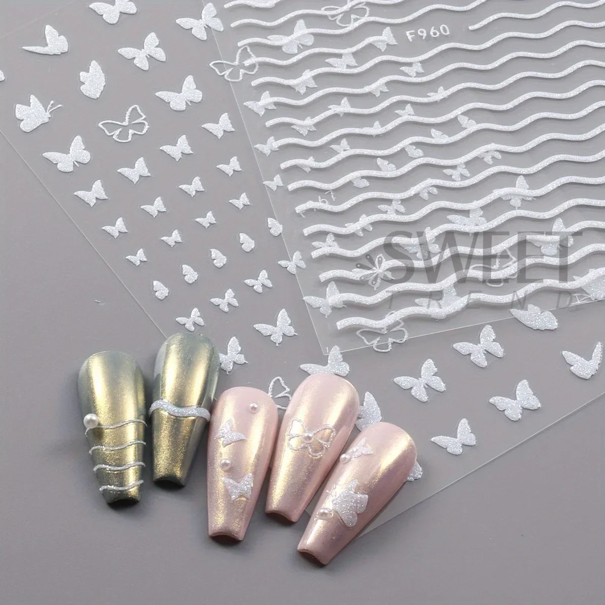 3pcs Glitter Holographic Nail Stickers Shimmer White Heart Star Butterfly Design 3D Decals Sliders Kawaii Theme Manicure Decor