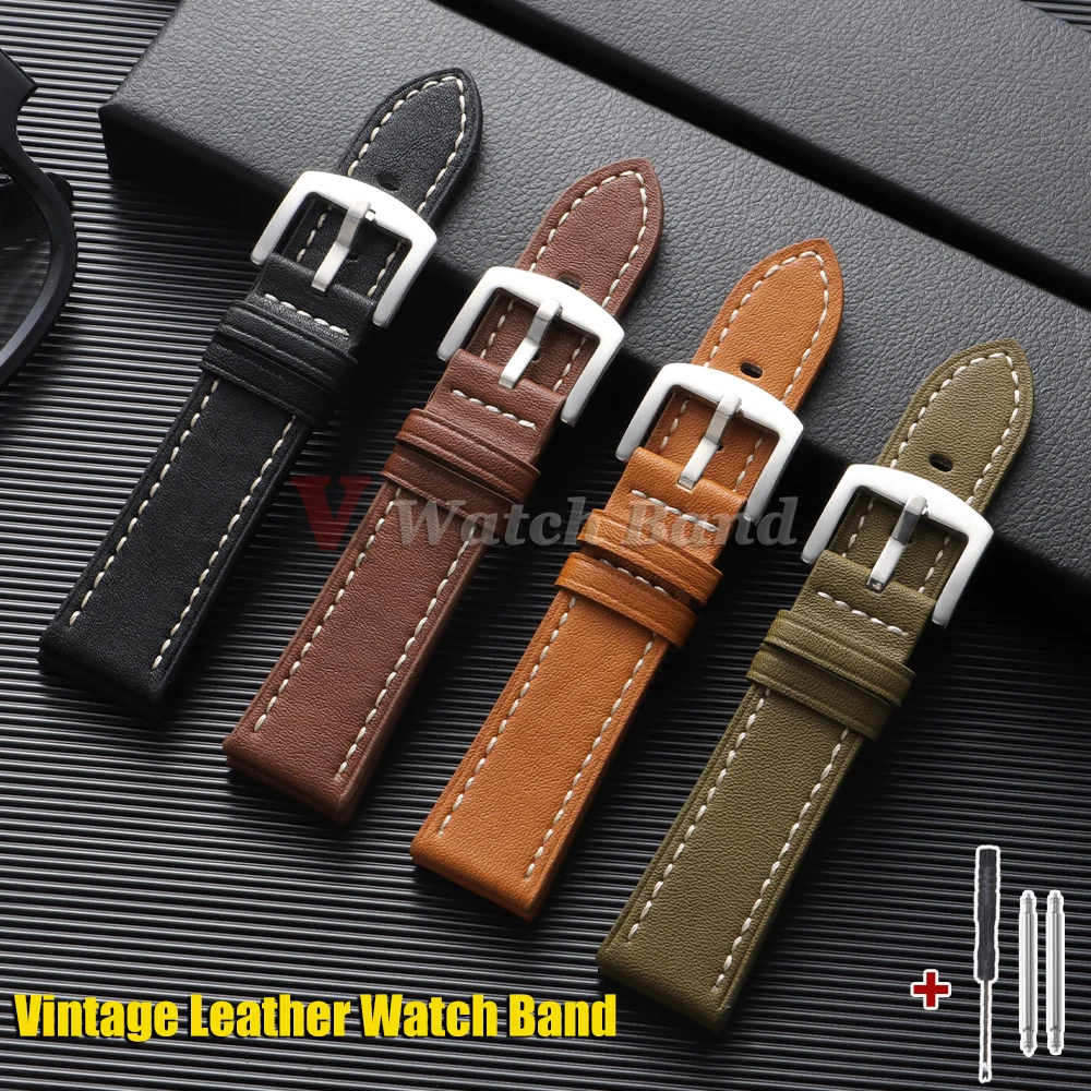 Vintage Retro Cowhide Leather Watch Strap - 22mm Wristband in Crazy Horse Style