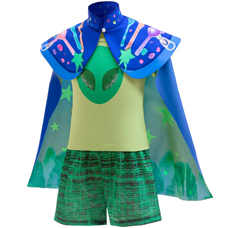 2025 디즈니 신작 영화 '엘리오' 소년 코스프레 엘리오 같은 멋진 반팔 파란색 의상 상의 + 하의 + 눈가리개 + 망토 슈트