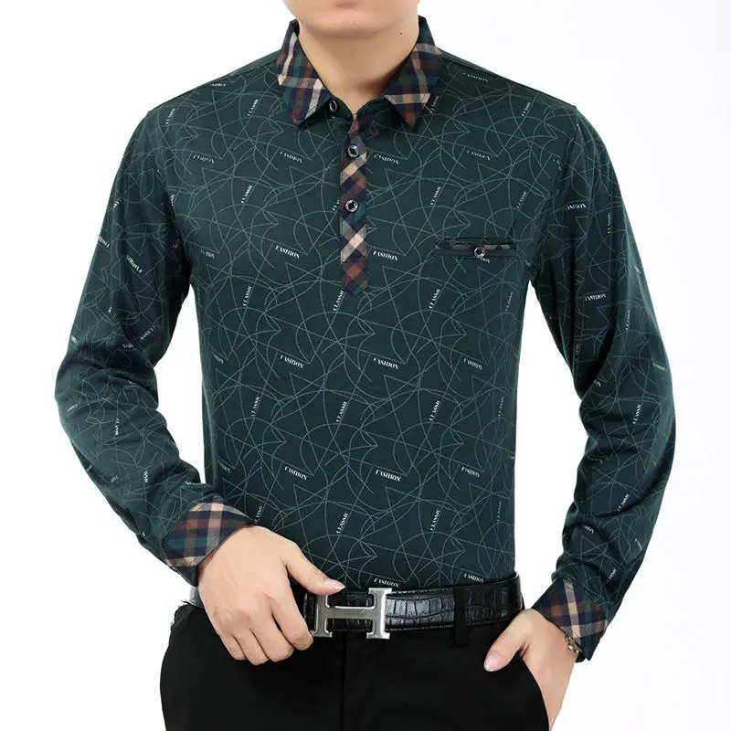 

Мужская футболка в клетку, с длинным рукавом и отложным воротником